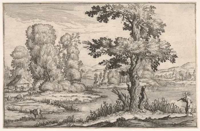 Framed Print : Landscape with goats grazing near a river and a figure in the right foreground Framed Print : Landscape with goats grazing near a river and a figure in the right foreground