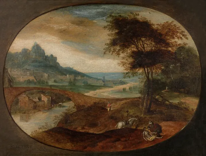 Framed Print : Landscape with the Good Samaritan, c1550s. Creator: Frans Mostaert Framed Print : Landscape with the Good Samaritan, c1550s. Creator: Frans Mostaert