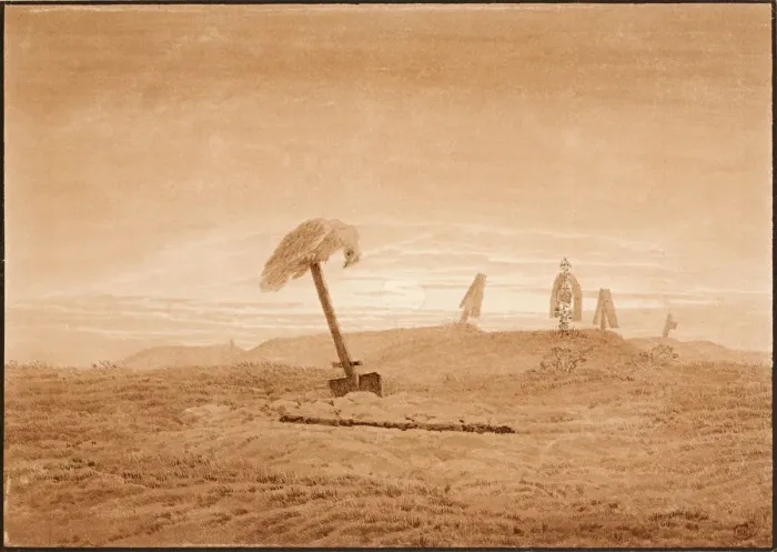 Framed Print : Landscape with Graves, ca 1836. Artist: Friedrich, Caspar David (1774-1840) Framed Print : Landscape with Graves, ca 1836. Artist: Friedrich, Caspar David (1774-1840)
