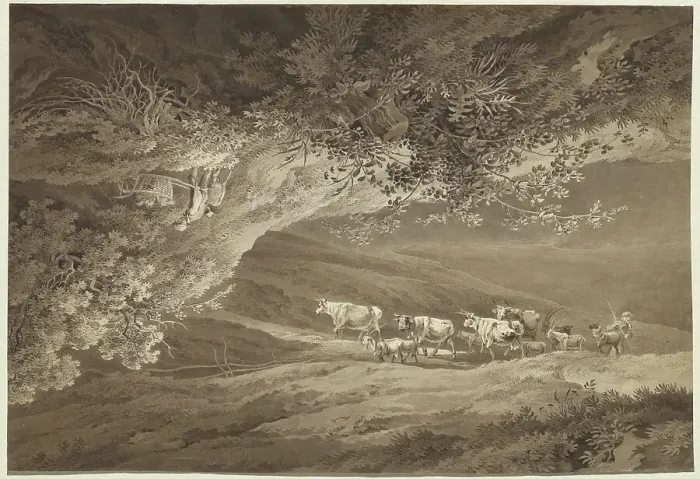 Framed Print : A Landscape with a Herd of Cows and Goats, Surmounted by Another Landscape... c. 1800. Creator: Adrian Zingg Framed Print : A Landscape with a Herd of Cows and Goats, Surmounted by Another Landscape... c. 1800. Creator: Adrian Zingg