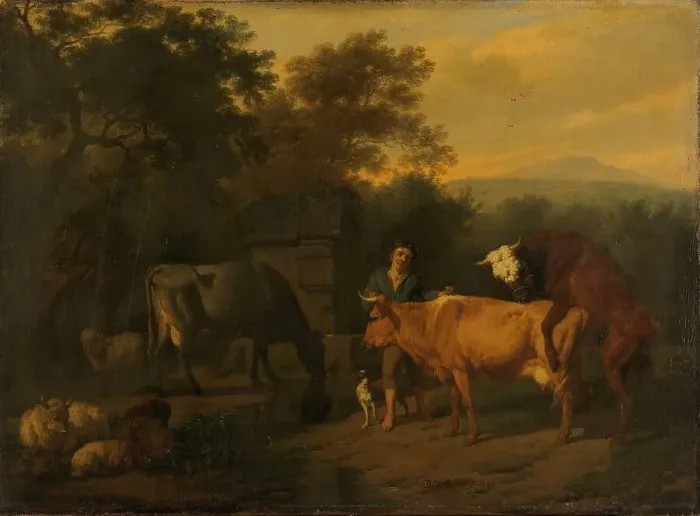 Framed Print : Landscape with Herdsman and Cattle, 1675-1685. Creator: Dirk van Bergen Framed Print : Landscape with Herdsman and Cattle, 1675-1685. Creator: Dirk van Bergen