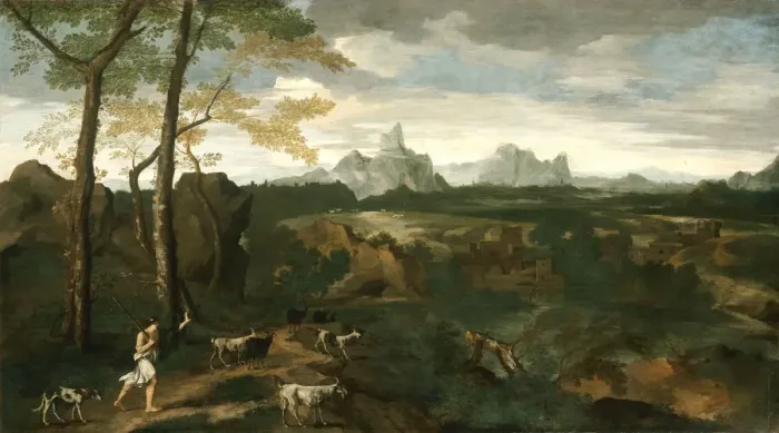 Framed Print : Landscape with a Herdsman and Goats, c. 1635. Creator: Gaspard Dughet Framed Print : Landscape with a Herdsman and Goats, c. 1635. Creator: Gaspard Dughet