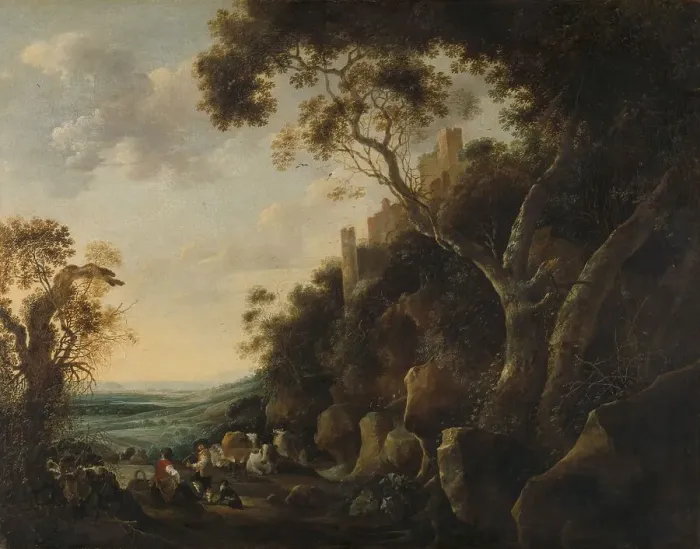 Framed Print : Landscape with Herdsmen, 1652. Creator: Gysbert Gillisz. de Hondecoeter Framed Print : Landscape with Herdsmen, 1652. Creator: Gysbert Gillisz. de Hondecoeter