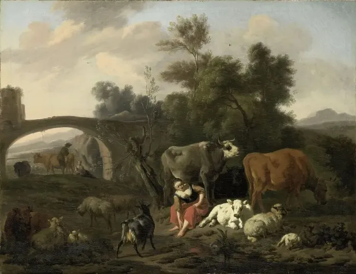 Framed Print : Landscape with Herdsmen and Cattle, 1660-1690. Creator: Dirk van Bergen Framed Print : Landscape with Herdsmen and Cattle, 1660-1690. Creator: Dirk van Bergen