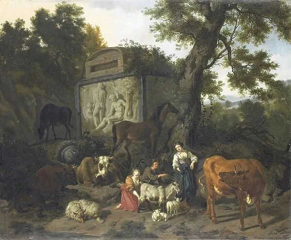Landscape with Herdsmen and Cattle near a Tomb, 1660-1690. Creator: Dirk van Bergen