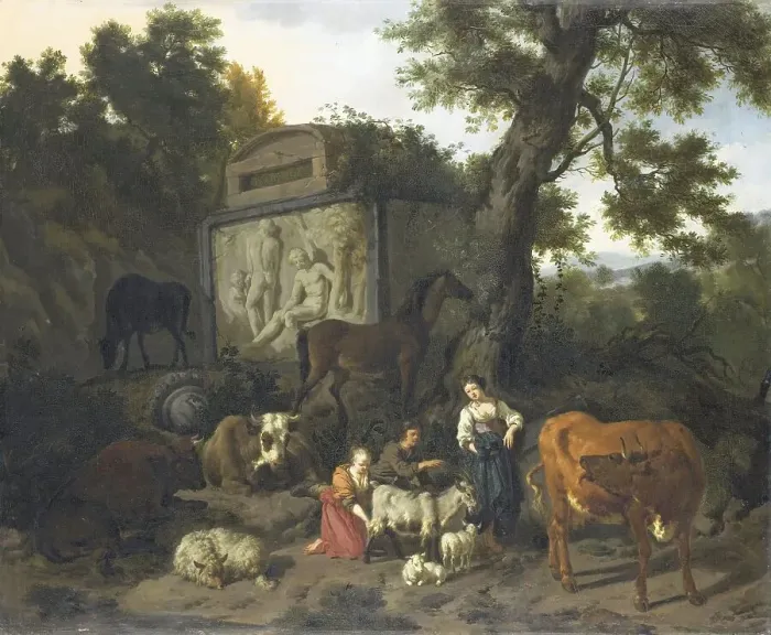 Framed Print : Landscape with Herdsmen and Cattle near a Tomb, 1660-1690. Creator: Dirk van Bergen Framed Print : Landscape with Herdsmen and Cattle near a Tomb, 1660-1690. Creator: Dirk van Bergen