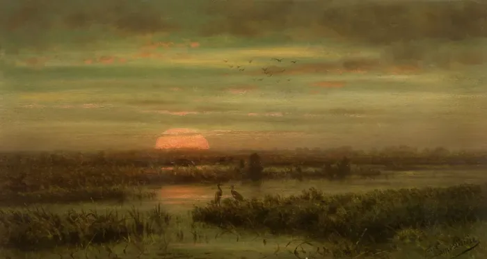 Framed Print : Landscape with Herons at Sunset, c1860-1890s. Creator: Jean Pierre Francois Lamoriniere Framed Print : Landscape with Herons at Sunset, c1860-1890s. Creator: Jean Pierre Francois Lamoriniere
