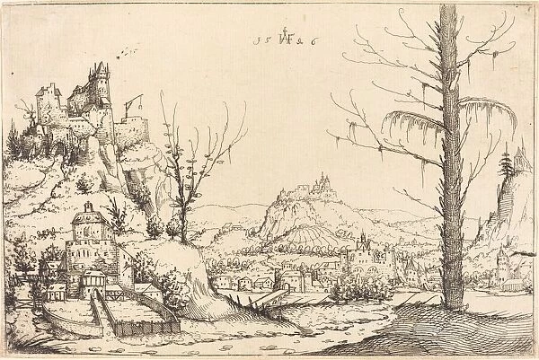 Landscape with High Cliffs, River, and City, 1546. Creator: Augustin Hirschvogel