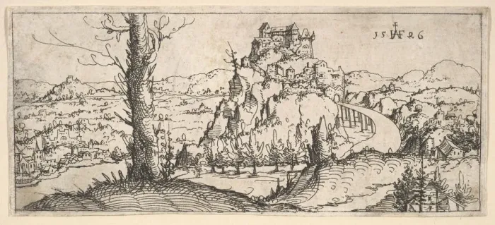 Framed Print : Landscape with High Rocks and Fortresses, 1546. Creator: Augustin Hirschvogel Framed Print : Landscape with High Rocks and Fortresses, 1546. Creator: Augustin Hirschvogel