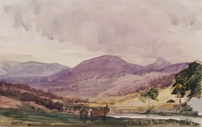 Framed Print : Landscape of Hills, Cottage and Two Horses, c1840s. Creator: John Phillip Framed Print : Landscape of Hills, Cottage and Two Horses, c1840s. Creator: John Phillip