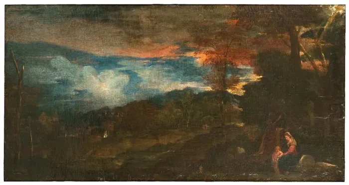 Framed Print : Landscape with the Holy Family, c15th century. Creator: Anon Framed Print : Landscape with the Holy Family, c15th century. Creator: Anon
