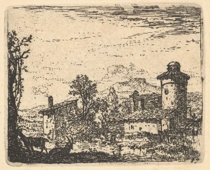 Framed Print : Landscape with two horned goats in shadow at left foreground, village buildings bey Framed Print : Landscape with two horned goats in shadow at left foreground, village buildings bey