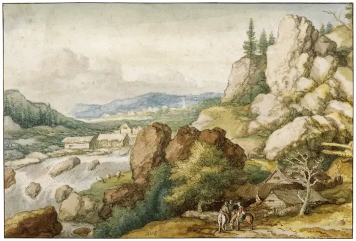Framed Print : Landscape with Three Horsemen, 17th century. Artist: Allart van Everdingen Framed Print : Landscape with Three Horsemen, 17th century. Artist: Allart van Everdingen