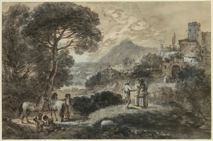 Framed Print : A Landscape with Horses, Peasants and a Hill Town, 18th century. Creator: Francesco Zuccarelli Framed Print : A Landscape with Horses, Peasants and a Hill Town, 18th century. Creator: Francesco Zuccarelli