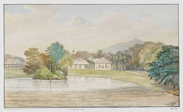 Landscape with house and pond, West Java, 1867. Creator: Adrianus Johannes Bik
