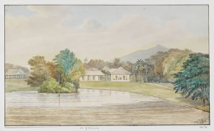 Framed Print : Landscape with house and pond, West Java, 1867. Creator: Adrianus Johannes Bik Framed Print : Landscape with house and pond, West Java, 1867. Creator: Adrianus Johannes Bik