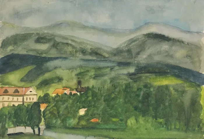 Framed Print : Landscape with houses, 1940-1944. Creator: Arnold Peter Weisz-Kubincan