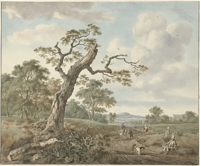 Framed Print : Landscape with hunting company on a country road, 1786. Creator: Gerard van Nijmegen Framed Print : Landscape with hunting company on a country road, 1786. Creator: Gerard van Nijmegen