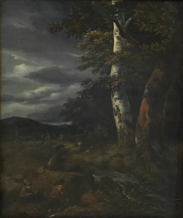 Framed Print : Landscape with a Hunting Scene, 1643-1682. Creators: Jacob van Ruisdael, Johannes Lingelbach