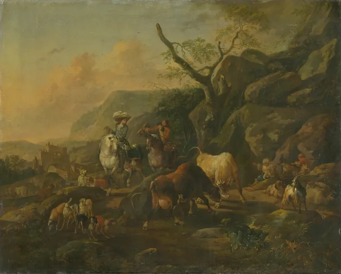Framed Print : Landscape with huntsmen, 1660-1678. Creator: Johann Heinrich Roos Framed Print : Landscape with huntsmen, 1660-1678. Creator: Johann Heinrich Roos