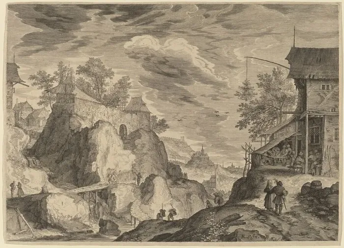 Framed Print : Landscape with an Inn to the Right and House on Rocks to the Left, probably c. 1609. Creator: Aegidius Sadeler II Framed Print : Landscape with an Inn to the Right and House on Rocks to the Left, probably c. 1609. Creator: Aegidius Sadeler II