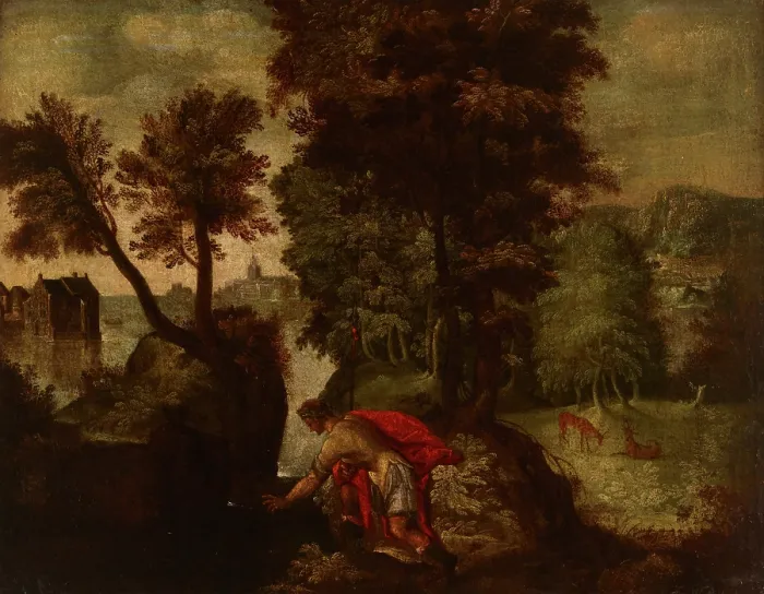 Framed Print : Landscape with a Kneeling Knight (Theseus?), 1st half of 17th century. Creator: Unknown Framed Print : Landscape with a Kneeling Knight (Theseus?), 1st half of 17th century. Creator: Unknown