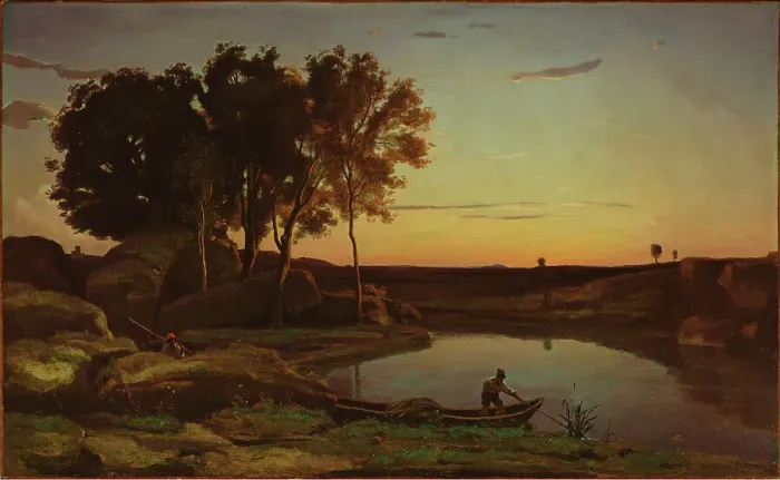 Framed Print : Landscape with Lake and Boatman, 1839. Creator: Jean-Baptiste-Camille Corot Framed Print : Landscape with Lake and Boatman, 1839. Creator: Jean-Baptiste-Camille Corot