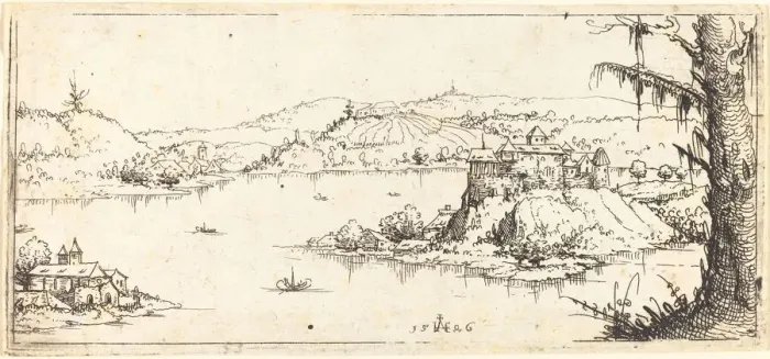 Framed Print : Landscape with a Large Lake at Center, 1546. Creator: Augustin Hirschvogel Framed Print : Landscape with a Large Lake at Center, 1546. Creator: Augustin Hirschvogel