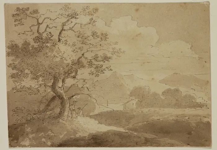 Framed Print : Landscape: Large Trees in Foreground, Two Figures, House, Lake and Mountains, c1820-1848. Creator: Thomas Cole Framed Print : Landscape: Large Trees in Foreground, Two Figures, House, Lake and Mountains, c1820-1848. Creator: Thomas Cole