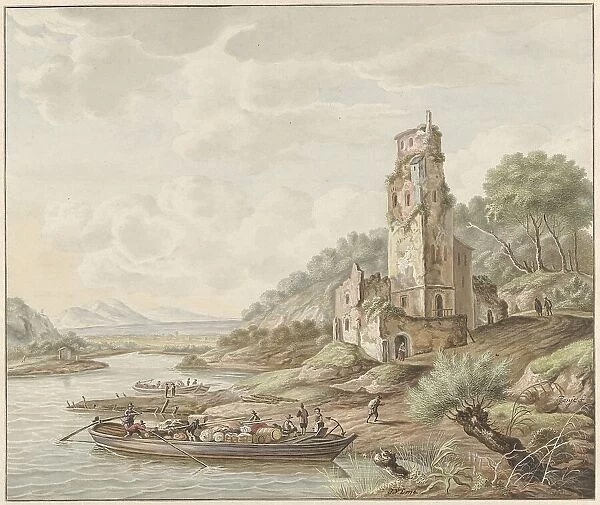 Landscape with loaded barge near a castle, 1776. Creator: Jan van Lockhorst
