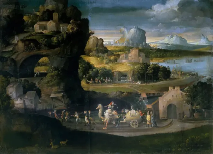 Framed Print : Landscape with Magicians, c. 1525. Creator: Girolamo da Carpi (1501-1556) Framed Print : Landscape with Magicians, c. 1525. Creator: Girolamo da Carpi (1501-1556)