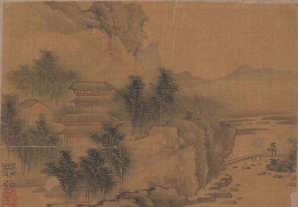 Landscape with Man Crossing Bridge. Creator: Fan Hong