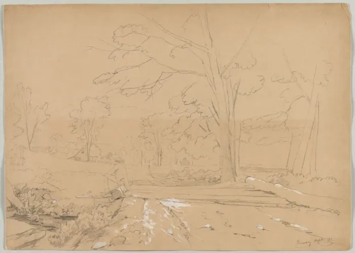 Framed Print : Landscape with Man Fishing, Conway, New Hampshire, 1851. Creator: David Johnson (American Framed Print : Landscape with Man Fishing, Conway, New Hampshire, 1851. Creator: David Johnson (American
