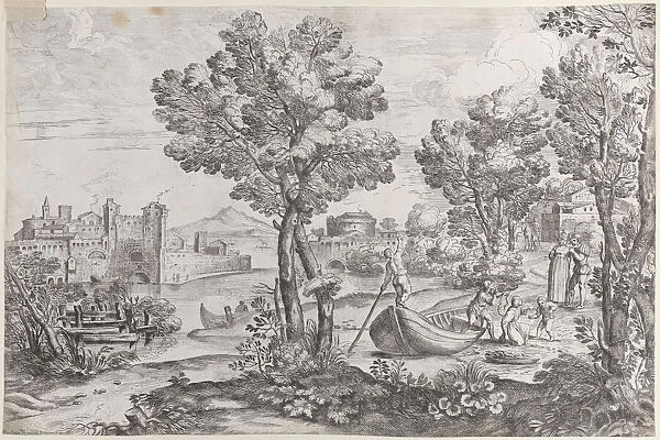 Landscape with a man holding a snake to a terrified child, watched by a fashionably dre