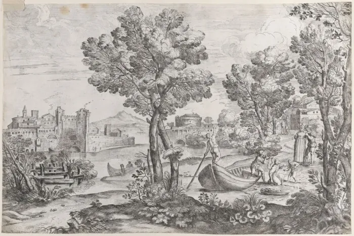Framed Print : Landscape with a man holding a snake to a terrified child, watched by a fashionably dre Framed Print : Landscape with a man holding a snake to a terrified child, watched by a fashionably dre