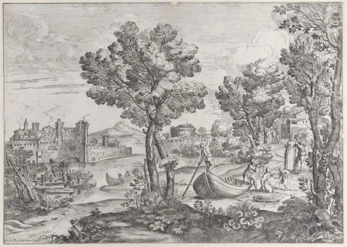 Framed Print : Landscape with a man holding a snake to a terrified child, watched by a fashionably dre Framed Print : Landscape with a man holding a snake to a terrified child, watched by a fashionably dre