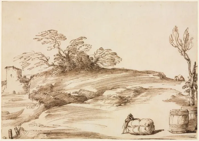 Framed Print : Landscape with a Man Leaning on a Bale, c. 1640. Creator: Guercino (Italian, 1591-1666) Framed Print : Landscape with a Man Leaning on a Bale, c. 1640. Creator: Guercino (Italian, 1591-1666)