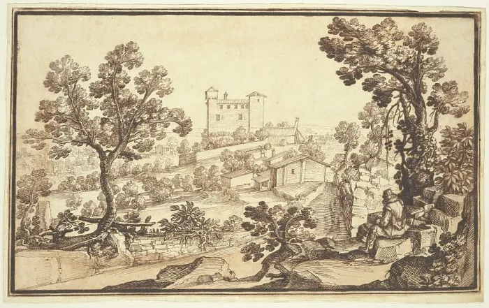 Framed Print : Landscape with a Man Resting, Farm Houses, and a Castle. Creator: Remigio Cantagallina Framed Print : Landscape with a Man Resting, Farm Houses, and a Castle. Creator: Remigio Cantagallina