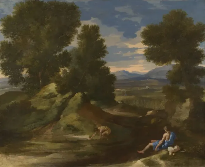 Framed Print : Landscape with a Man scooping Water from a Stream, ca 1637. Artist: Poussin, Nicolas (1594-1665) Framed Print : Landscape with a Man scooping Water from a Stream, ca 1637. Artist: Poussin, Nicolas (1594-1665)