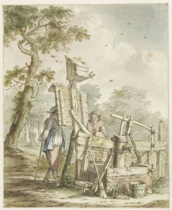 Framed Print : Landscape with two men at a noticeboard near a water pump, c.1750-1808. Creator: Bartholomeus Barbiers Framed Print : Landscape with two men at a noticeboard near a water pump, c.1750-1808. Creator: Bartholomeus Barbiers
