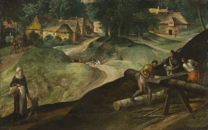 Framed Print : Landscape with Men Sawing Timber, 1570s Framed Print : Landscape with Men Sawing Timber, 1570s