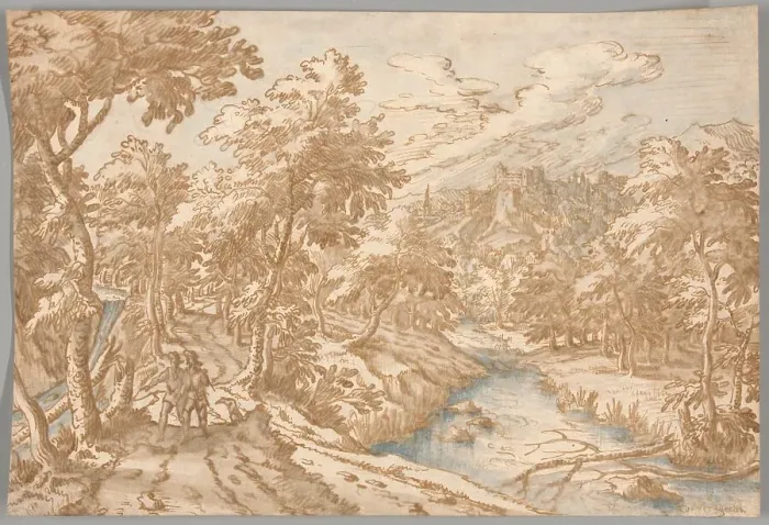Framed Print : Landscape with Two Men Walking, 1580 / 1631. Creator: Tobias Verhaecht Framed Print : Landscape with Two Men Walking, 1580 / 1631. Creator: Tobias Verhaecht