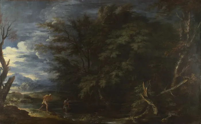 Framed Print : Landscape with Mercury and the Dishonest Woodman, ca 1663. Creator: Rosa, Salvatore (1615-1673) Framed Print : Landscape with Mercury and the Dishonest Woodman, ca 1663. Creator: Rosa, Salvatore (1615-1673)