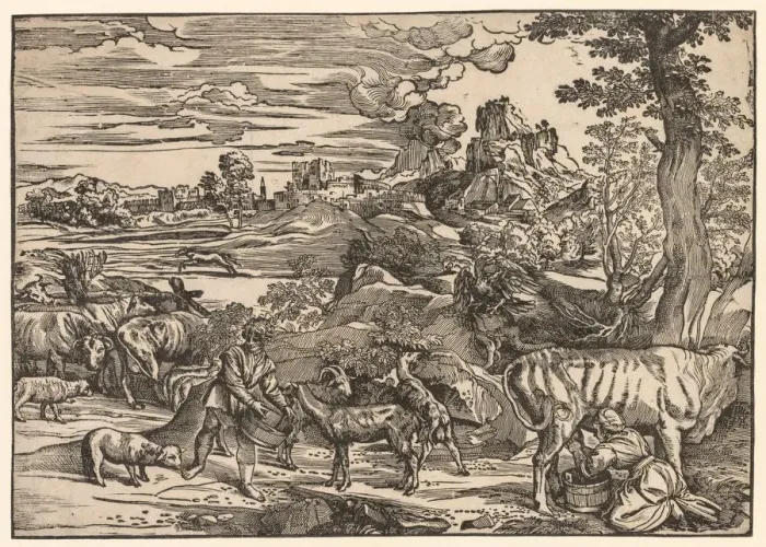 Framed Print : Landscape with a Milkmaid, c. 1525. Creator: Niccolo Boldrini (Italian, c. 1500-aft 1566) Framed Print : Landscape with a Milkmaid, c. 1525. Creator: Niccolo Boldrini (Italian, c. 1500-aft 1566)