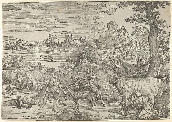 Landscape with a milkmaid at right and a boy at left, ca. 1535-40. ca. 1535-40