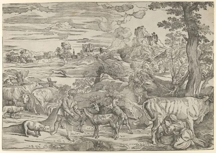 Framed Print : Landscape with a milkmaid at right and a boy at left, ca. 1535-40. ca. 1535-40 Framed Print : Landscape with a milkmaid at right and a boy at left, ca. 1535-40. ca. 1535-40