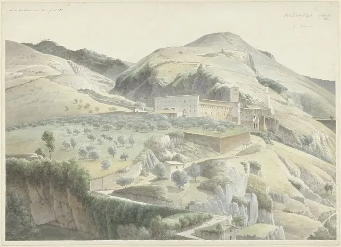 Framed Print : Landscape with monastery at Subiaco, 1778-1847. Creator: Josephus Augustus Knip Framed Print : Landscape with monastery at Subiaco, 1778-1847. Creator: Josephus Augustus Knip