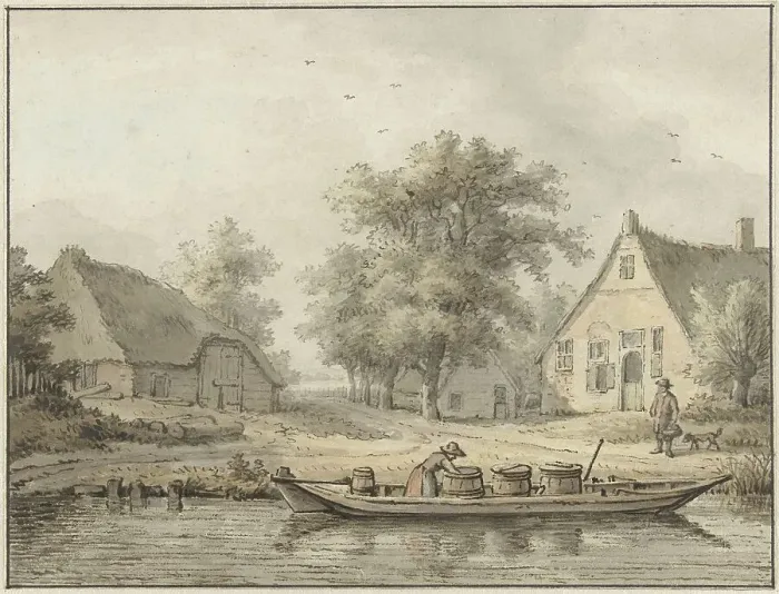 Framed Print : Landscape with a moored barge with barrels, 1756-1826. Creator: Cornelis Buys Framed Print : Landscape with a moored barge with barrels, 1756-1826. Creator: Cornelis Buys