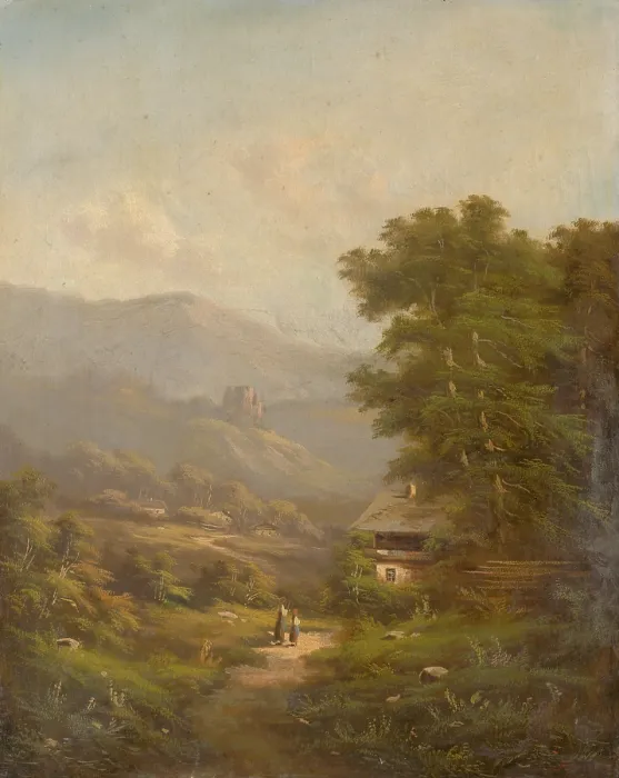 Framed Print : Landscape with a mountain road and castle ruins, 1830-1850. Creator: K. Hermann Framed Print : Landscape with a mountain road and castle ruins, 1830-1850. Creator: K. Hermann