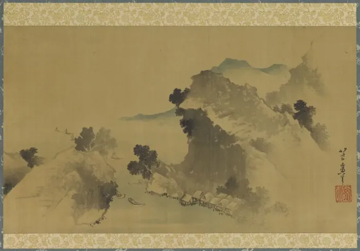 Framed Print : Landscape: mountains, stream and boats, late 18th-early 19th century. Creator: Hokusai Framed Print : Landscape: mountains, stream and boats, late 18th-early 19th century. Creator: Hokusai